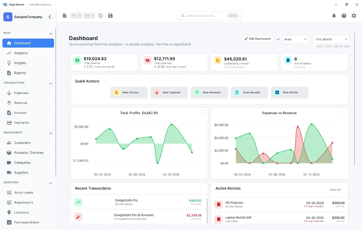 The Argo Books dashboard showing income, expenses, and recent invoices