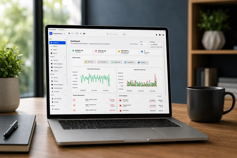 Argo Books open on a laptop on a desk, showing the dashboard with revenue, expenses and recent transactions