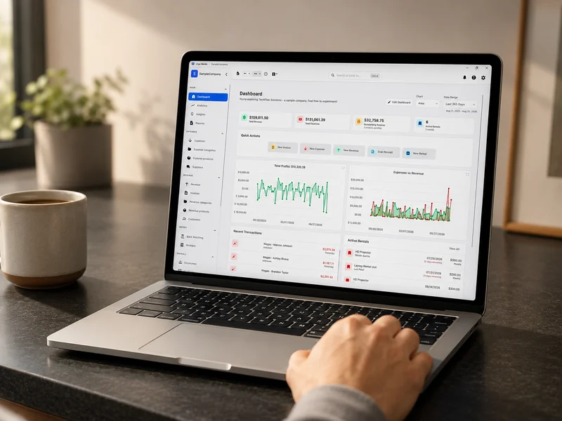 Argo Books running on a laptop, showing the dashboard with total revenue, expenses, outstanding invoices and recent transactions